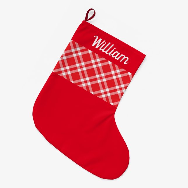 Meia De Natal Grande Xadrez Vermelha Rústica Nome personalizado (Frente (Pendurada))