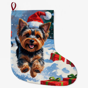 Meia De Natal Grande Yorkshire Terrier na Neve com Chapéu de Natal