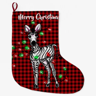 Meia De Natal Grande Zebra de Férias, luz cintilante em xadrez