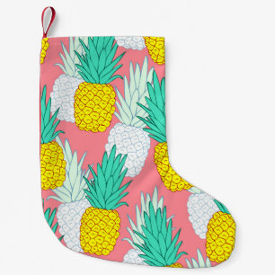 Meia De Natal Pequena Abacaxis Tropicais: Chic de Cartoon Vermelho.