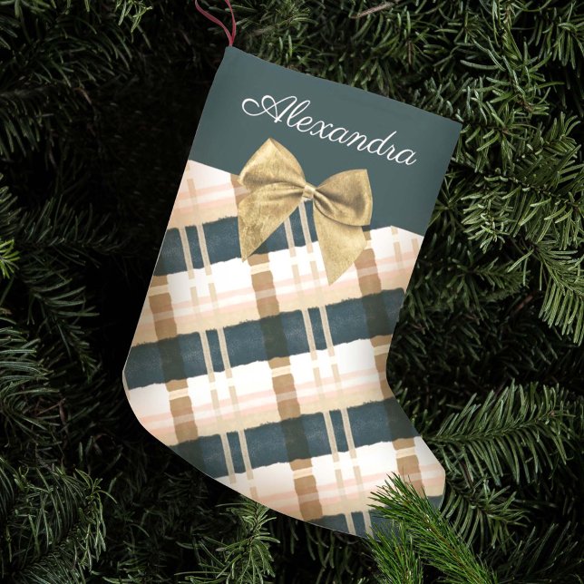 Meia De Natal Pequena Abstract Festive Green Pink Gold Bow Personalized  (Criador carregado)
