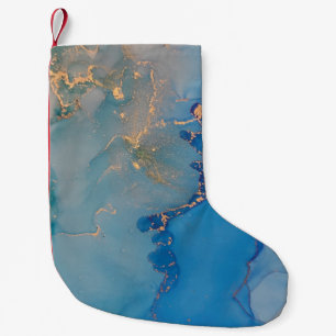 Meia De Natal Pequena Abstrato azul-mármore com ouro brilhante