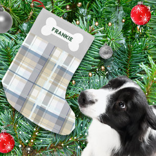 Meia De Natal Pequena Adicione o Nome do Seu Pet Xadrez Festivo Cachorro