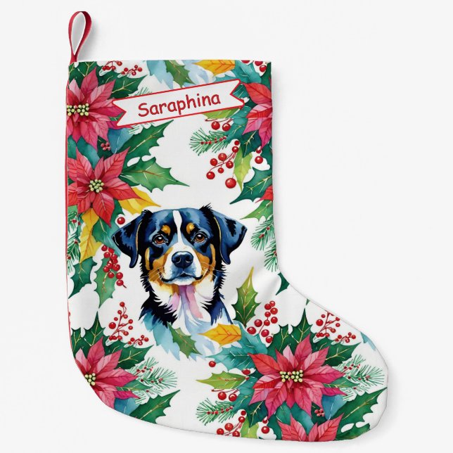 Meia De Natal Pequena Adorable Christmas Dog With Poinsettias (Frente)