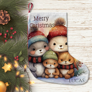 Meia De Natal Pequena Adorável Família de Animais da Floresta no Inverno