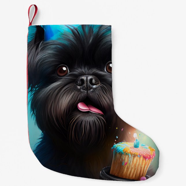 Meia De Natal Pequena Affenpinscher comemorando o bolo de Balões de Aniv (Frente)