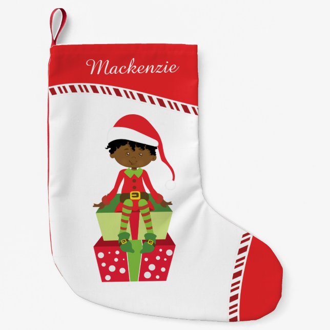 Meia De Natal Pequena Afro-Americano Personalizado Elf (Frente)