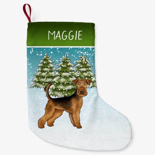 Meia De Natal Pequena Airedale Terrier Dog Snowy Winter Forest E Nome (Frente)