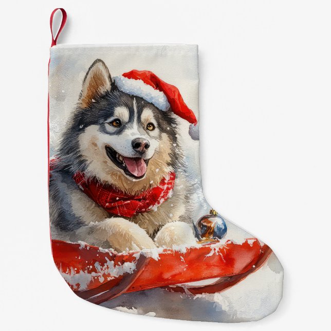 Meia De Natal Pequena Alaskan Malamute em Sledge Deixe-o nevar no Natal (Frente)