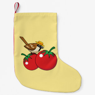 Meia De Natal Pequena Amante Orgânico Pardal Comendo Tomate Vermelho