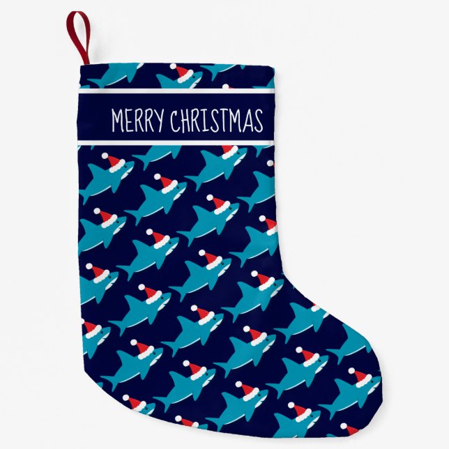 Meia De Natal Pequena Animal de Sharkmas Azul de Papai Noel (Frente)