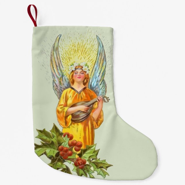 Meia De Natal Pequena Anjo Com Azevinho E Bandolim  (Frente)