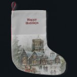 Meia De Natal Pequena Antigos Papais noeis com crianças em frente a uma<br><div class="desc">Papais noeis velhos com crianças em frente a uma igreja em um dia de neve. 100% personalizável. Clique no botão PERSONALIZAR para adicionar,  mover,  excluir,  redimensionar ou alterar qualquer uma das fontes ou gráficos.</div>