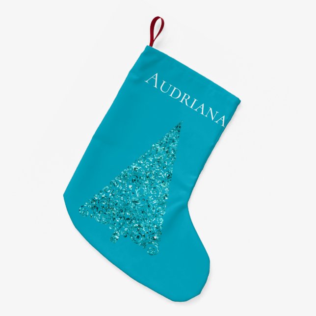 Meia De Natal Pequena Aqua Blue Sparkle Nome da Árvore de Natal (Frente (Pendurada))
