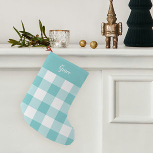 Meia De Natal Pequena Aqua e Xadrez Branca de Buffalo Personalizada