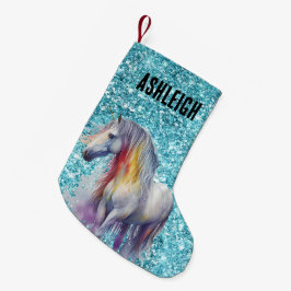 Meia De Natal Pequena Aqua Glitter Sparkle Nome Unicórn