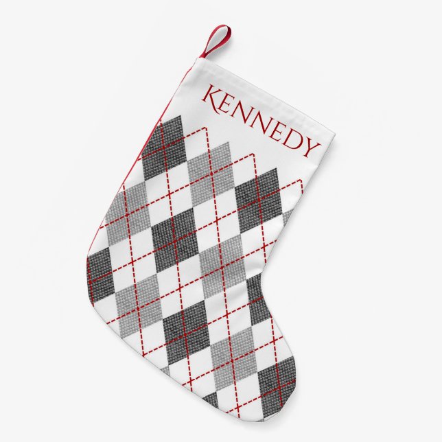 Meia De Natal Pequena Argyle com Nome (Frente (Pendurada))