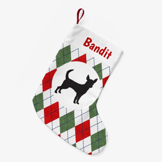 Meia De Natal Pequena Argyle vermelho e verde da chihuahua personalizada (Frente (Pendurada))