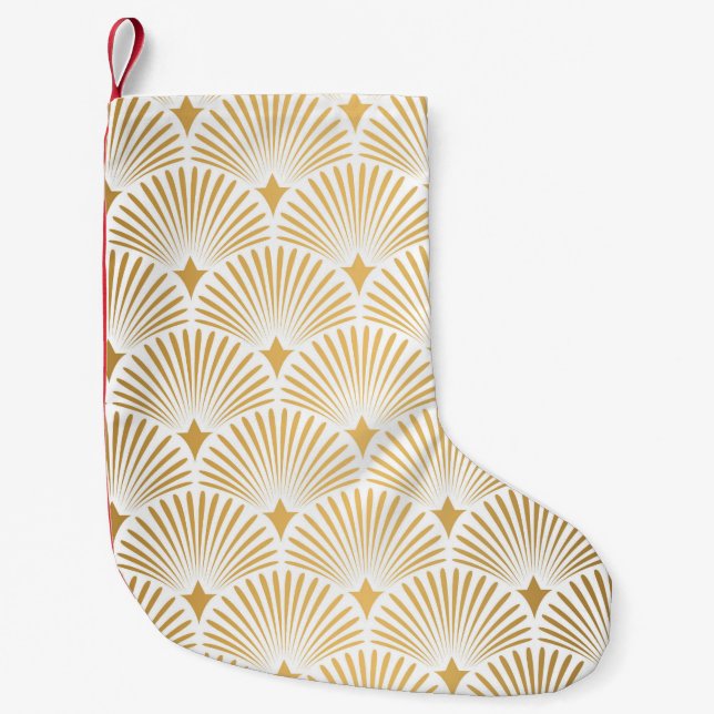 Meia De Natal Pequena Art Deco Pattern. Serralheiro branco e dourado (Frente)