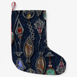 Meia De Natal Pequena Art Nouveau Floral: Denim Elegance.