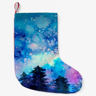 Meia De Natal Pequena Arte espacial em aquarela com céu noturno e árvore
