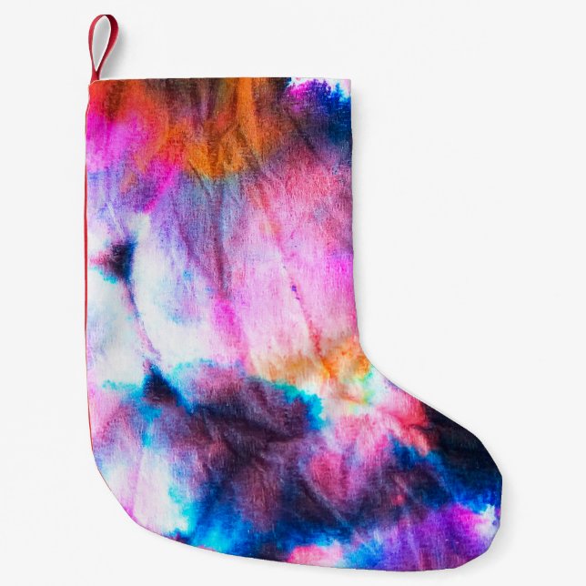 Meia De Natal Pequena Arte suja. Vermelho brilhante, lilás, rosa, cores  (Frente)