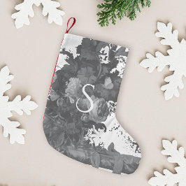 Meia De Natal Pequena Artística Floral Preta e Branca Personalizada