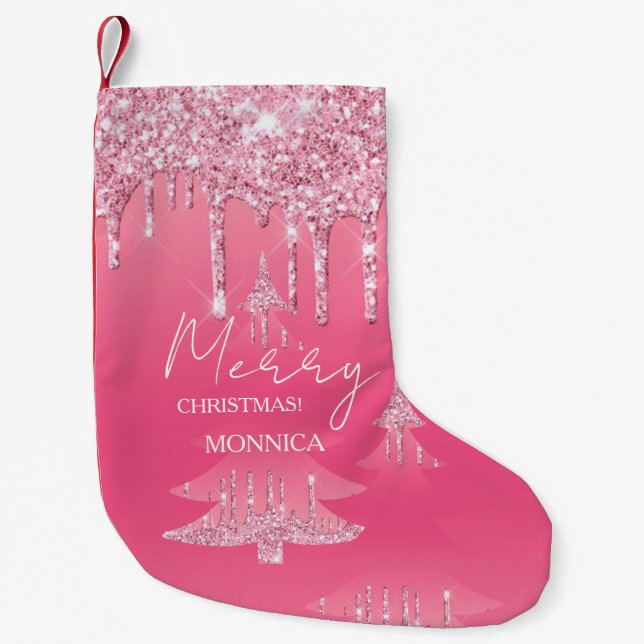 Meia De Natal Pequena Árvore de Natal com Brilho Rosa (Frente)