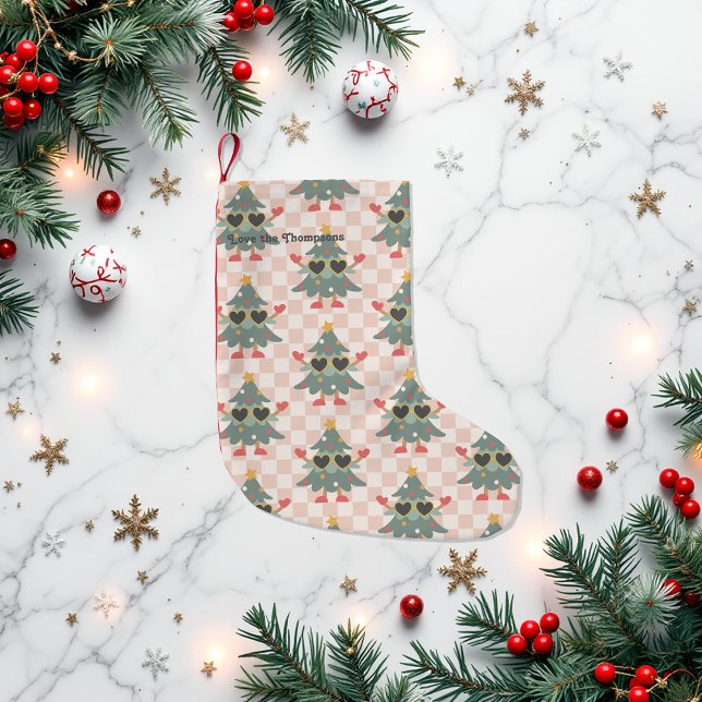 Meia De Natal Pequena Árvore de Natal de Gingham Retrospectiva Personali (Retro Gingham Christmas Tree Personalized Small Christmas Stocking)