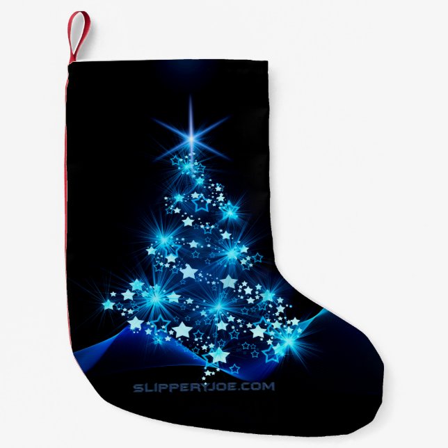 Meia De Natal Pequena árvore de Natal estilizada SlipperyJoe azul brilha (Frente)