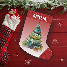 Meia De Natal Pequena Árvore Natal Feliz de Aquarela Feliz Vermelho Feli