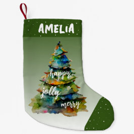 Meia De Natal Pequena Árvore natalina Feliz aquarela Feliz Verde