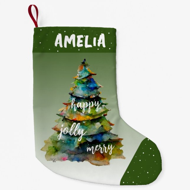 Meia De Natal Pequena Árvore natalina Feliz aquarela Feliz Verde (Frente)