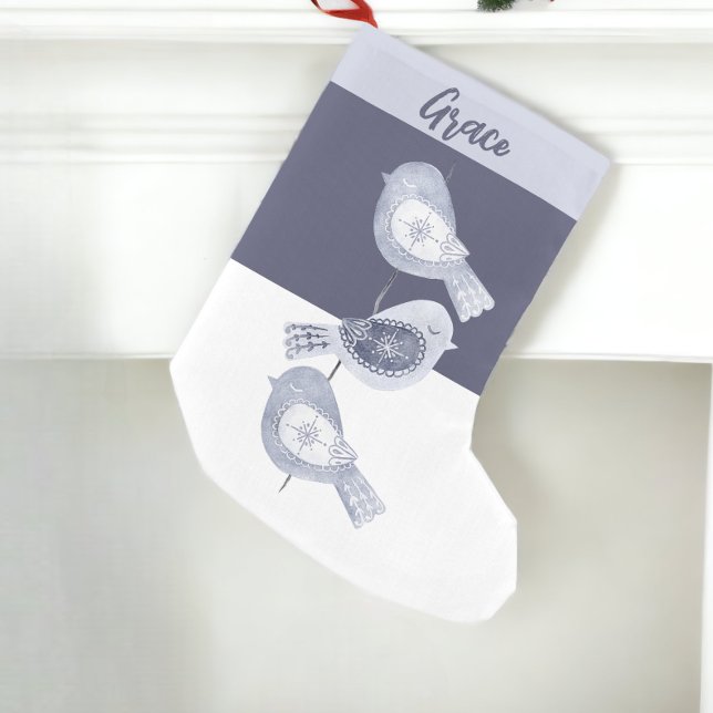 Meia De Natal Pequena Aves Azuis do Natal Nórdico (Nordic Christmas Blue Birds Small Christmas Stocking from Ricaso. Easy to personalize)