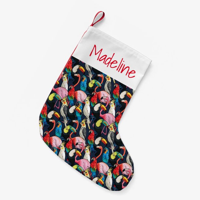 Meia De Natal Pequena Aves Exóticas| Monograma (Frente (Pendurada))