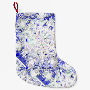 Meia De Natal Pequena Azul de rendas cerâmicas de Grécia e floco de neve