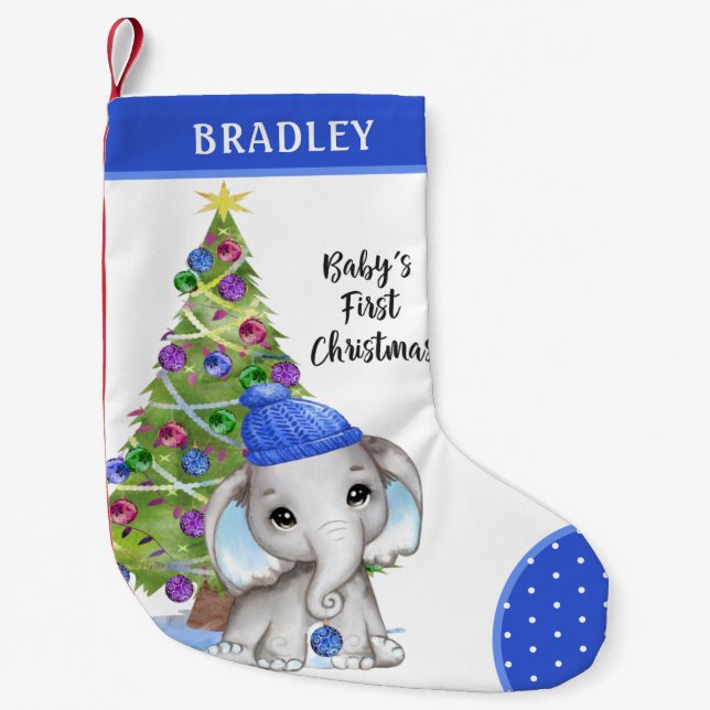Meia De Natal Pequena Azul-Elefante-Menino-NATAL, O PRIMEIRO BEBÊ-FANTAS (Frente)