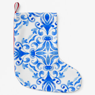 Meia De Natal Pequena azulejo azul-abstrato e branco desenhado à mão sem
