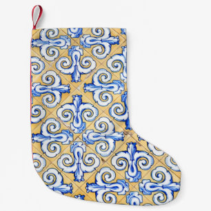 Meia De Natal Pequena Azulejos Espanhóis - Azulejo Azul, Amarelo e Bran