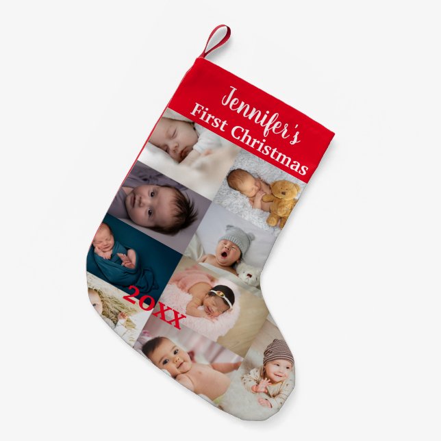 Meia De Natal Pequena Baby's First Christmas Custom Photo Collage Name  (Frente (Pendurada))