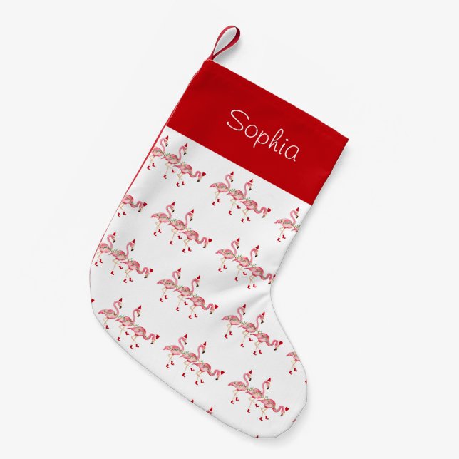 Meia De Natal Pequena Balcão de Natal Monogrammed Flamingos (Frente (Pendurada))