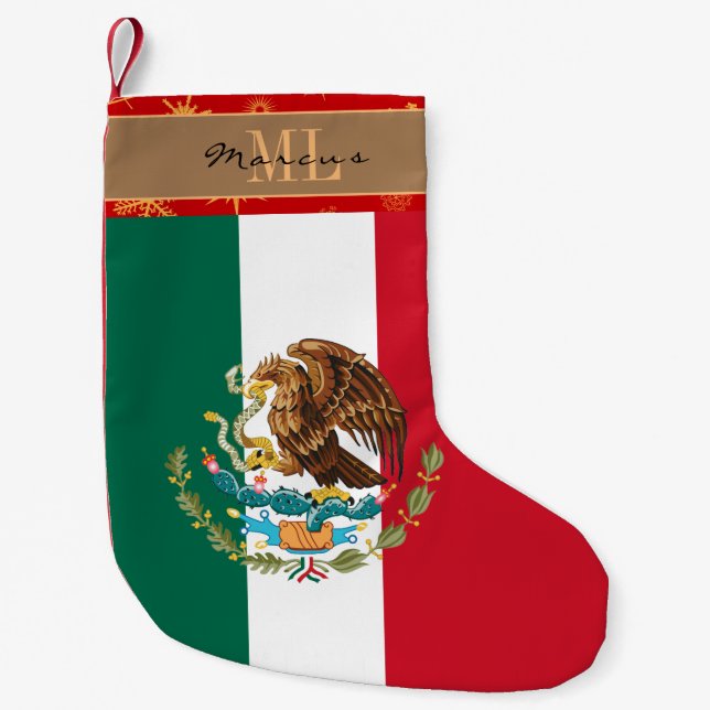 Meia De Natal Pequena Bandeira mexicana, México, monograma, floco de nev (Frente)