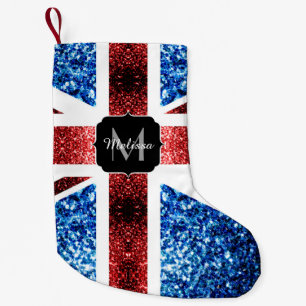 Meia De Natal Pequena Bandeira vermelha e azul brilha monograma