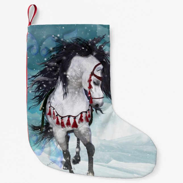 Meia De Natal Pequena Bandeja de Natal Azul com Cavalo de Neve (Frente)