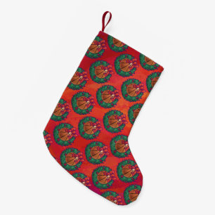 Meia De Natal Pequena Basquete em Holly Wreath Pattern em Red