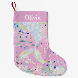 Meia De Natal Pequena Bateria De Sereia Com Glitter Whimsical Sob O Mar