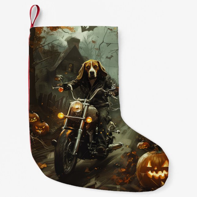 Meia De Natal Pequena Beagle Riding Motorcycle Halloween Scary (Frente)