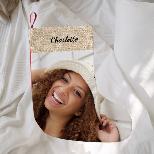 Meia De Natal Pequena Beige burlap name, foto moderna