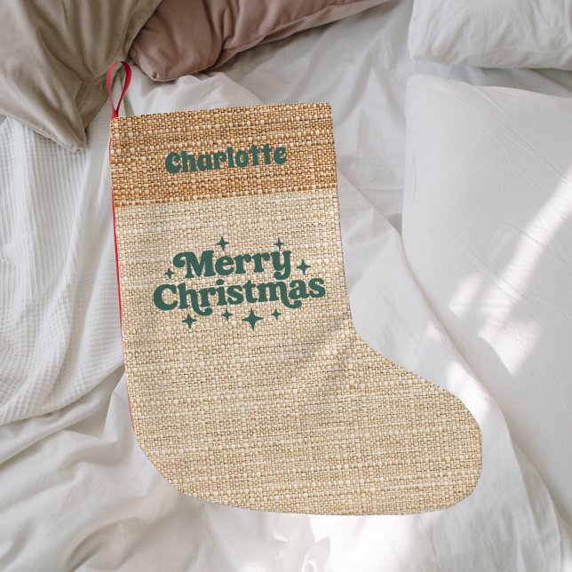 Meia De Natal Pequena Beige Burlap name retro Feliz Natal (Criador carregado)