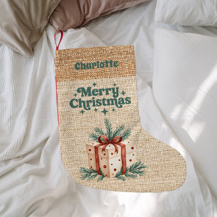 Meia De Natal Pequena Beige burlap presente box name retro Feliz Natal